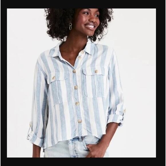 American Eagle Size XL Blue White Linen Blend Stripe Button Down Crop Top Blouse - Picture 2 of 8